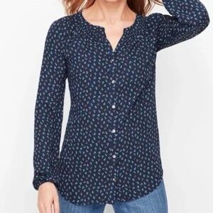 Talbots Navy Blue Blouse Button Down Top Tossed Anchor Nautical Resort Sz LP